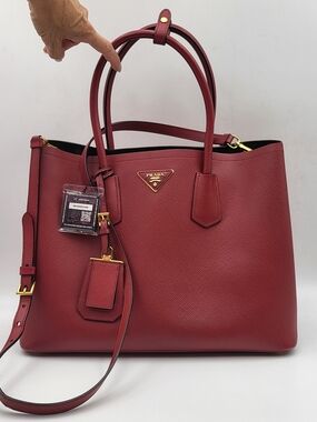 PRADA Saffiano Cuir Medium Double Bag in Fuoco & Black, Authentic w/COA.